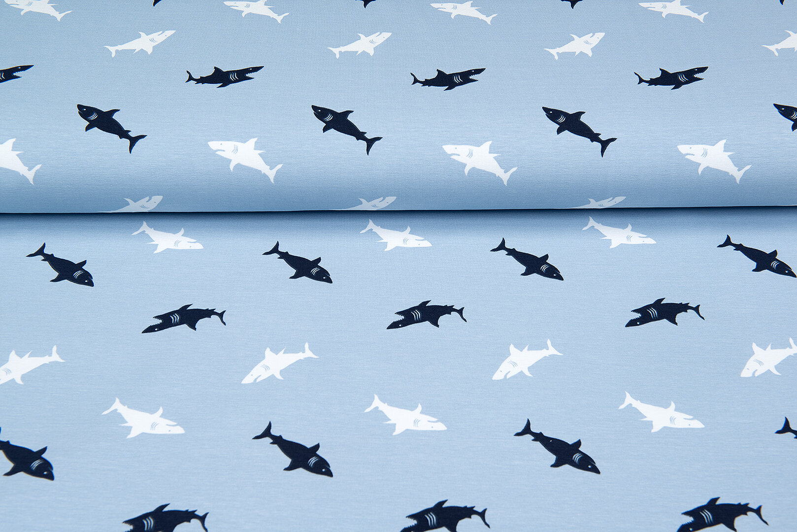 Baumwolljersey bedruckt sharks blau