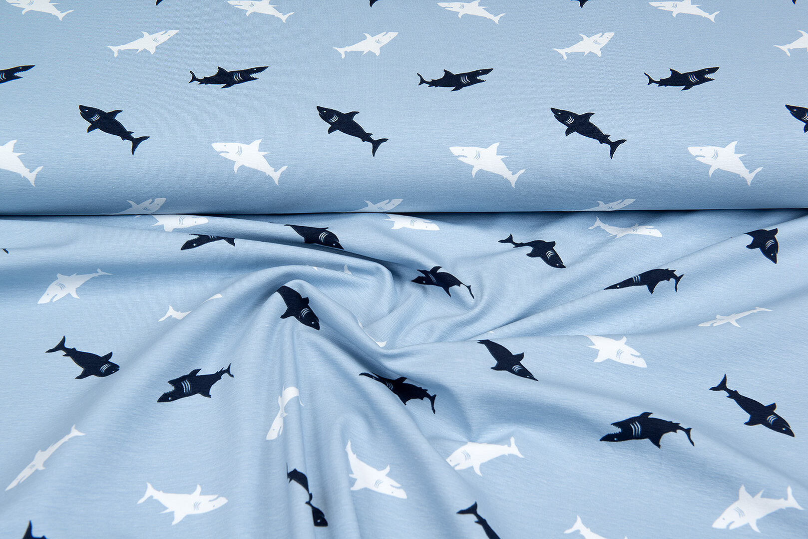 Baumwolljersey bedruckt sharks blau