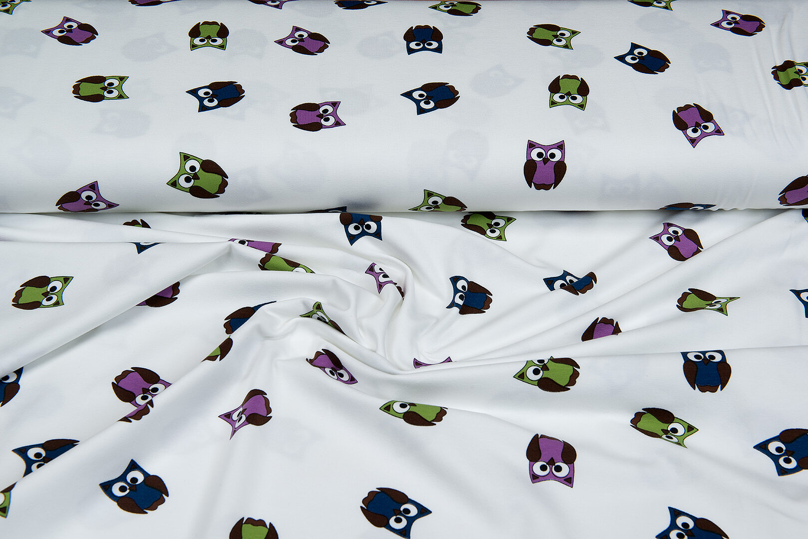 Baumwolljersey bedruckt little owl weiss