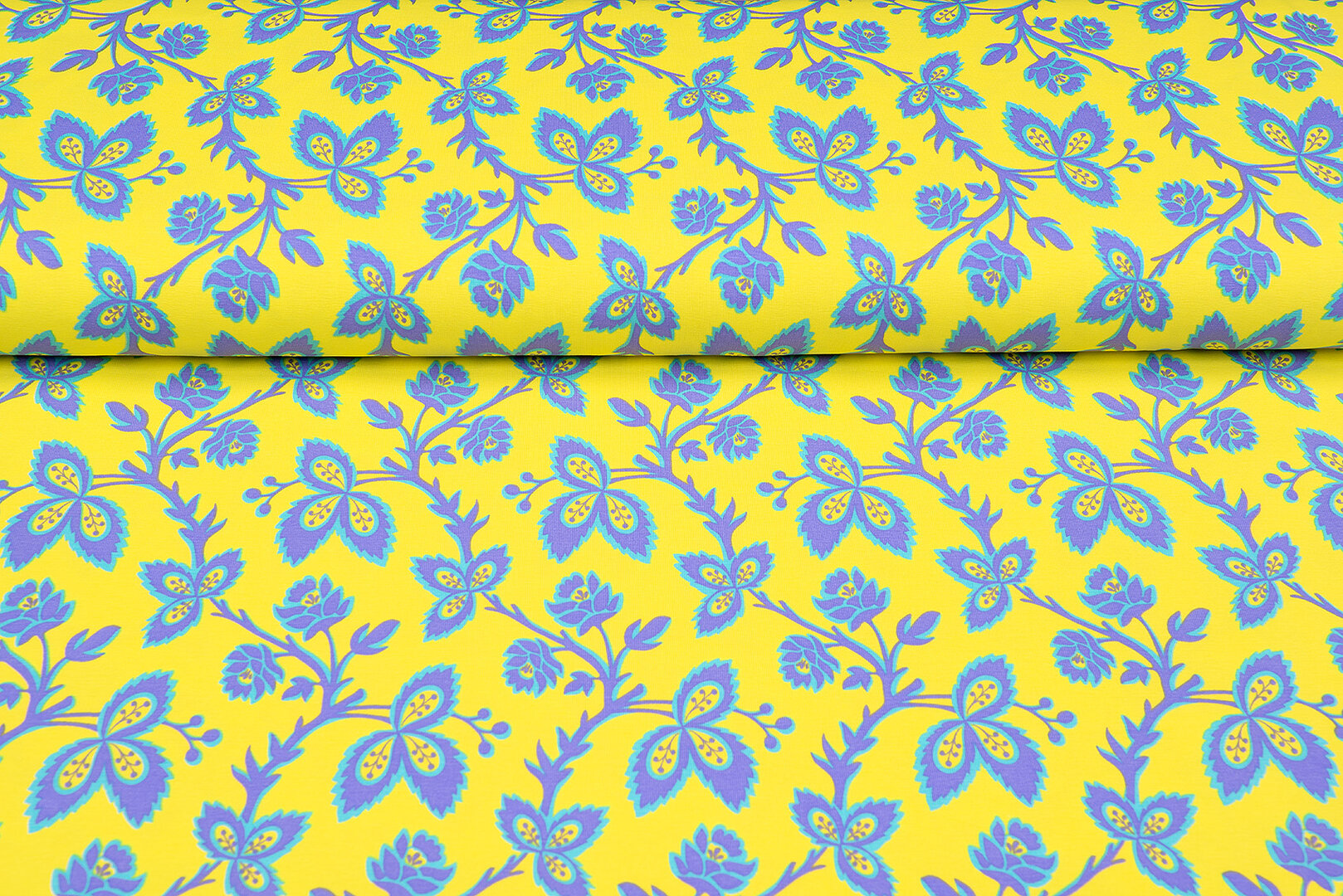 Baumwolljersey bedruckt flowers gelb-lila
