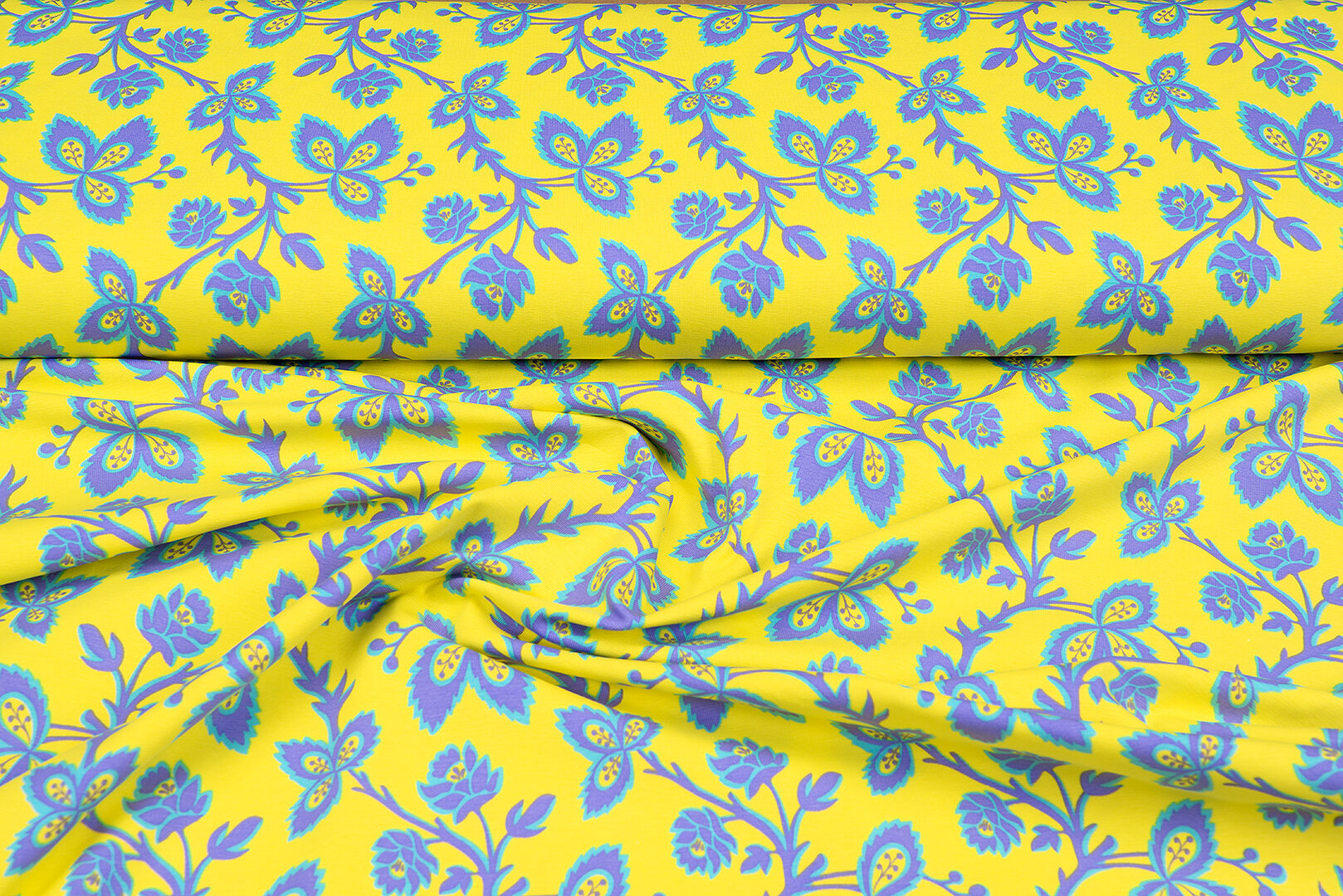 Baumwolljersey bedruckt flowers gelb-lila