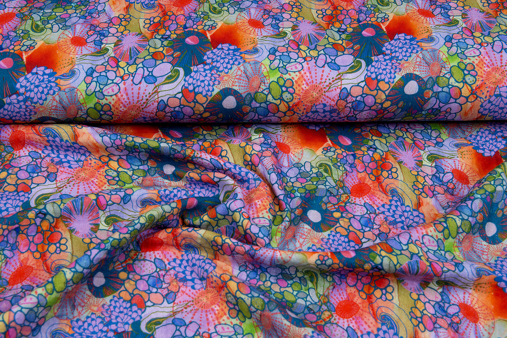 Baumwoll Musselin bedruckt retro flowers lila-multi