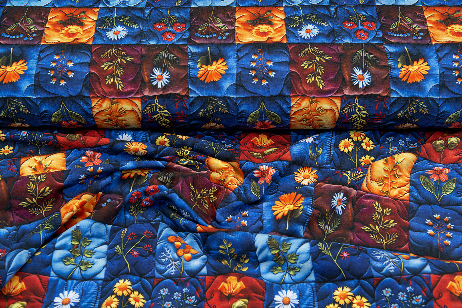 Baumwolljersey digital bedruckt embroidered flower blau-orange