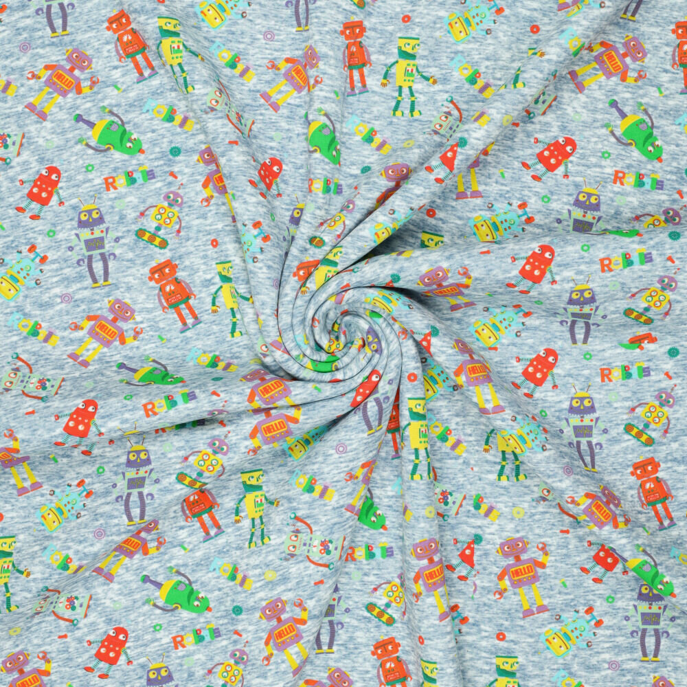 Alpenfleece bedruckt funny robots jeansblauw