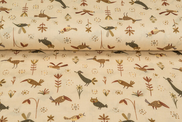 Baumwoll Musselin bedruckt glatt funny birds pastell gelb