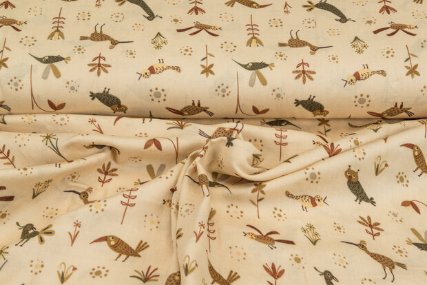 Baumwoll Musselin bedruckt glatt funny birds pastell gelb