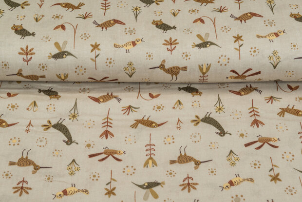 Baumwoll Musselin bedruckt glatt funny birds dunkelsand