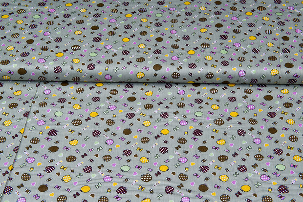 Baumwoll Popeline Bedruckt fruit candy grau-gr&uuml;n