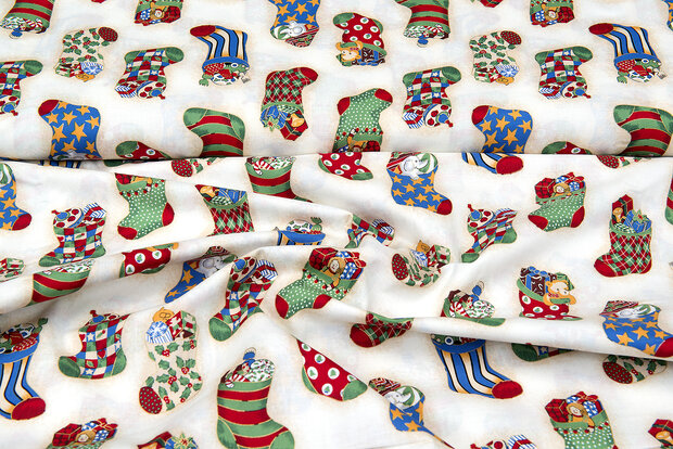 Baumwoll Popeline Bedruckt Weihnachten christmas stockings ecru
