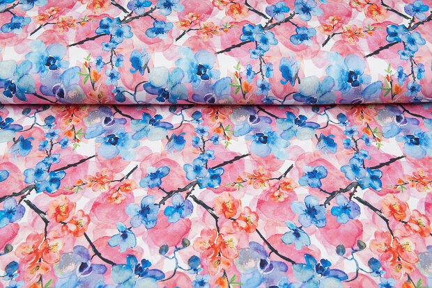 Baumwolljersey bedruckt digital flowers rosa-blau