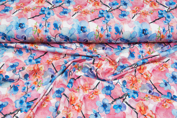 Baumwolljersey bedruckt digital flowers rosa-blau