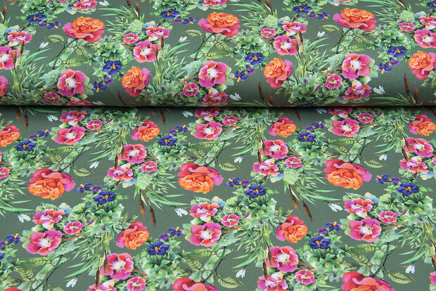 Baumwolljersey bedruckt digital roses mint multicolor