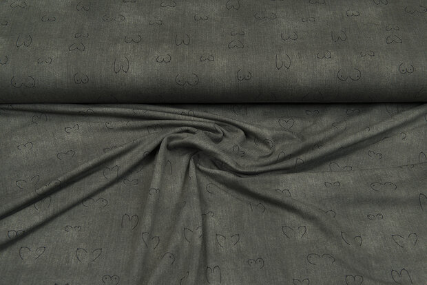 Baumwolljersey bedruckt jeanslook breasts dunkelgr&uuml;n