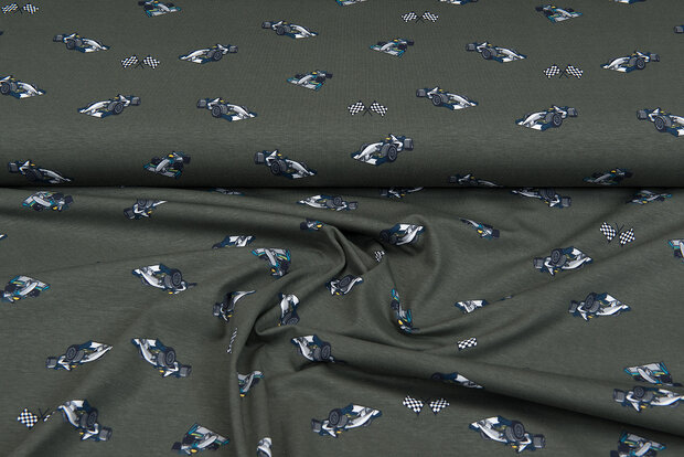Baumwolljersey bedruckt race cars armeegr&uuml;n