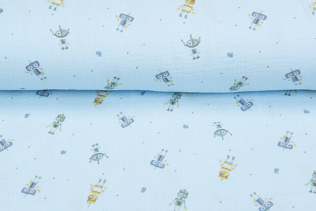 Baumwoll Musselin bedruckt robots hellblau