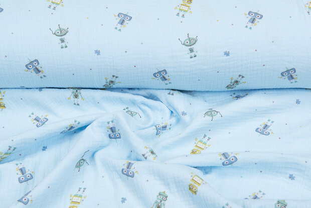 Baumwoll Musselin bedruckt robots hellblau