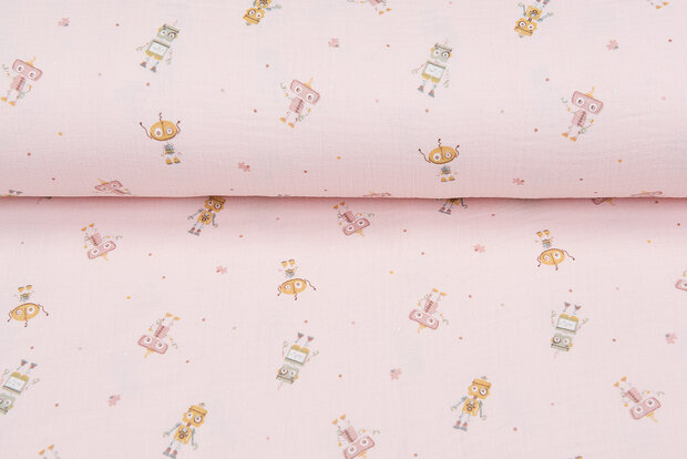 Baumwoll Musselin bedruckt robots with dots hellrosa