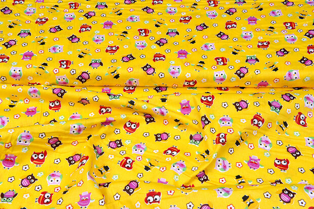 Baumwoll Popeline Bedruckt little owls gelb
