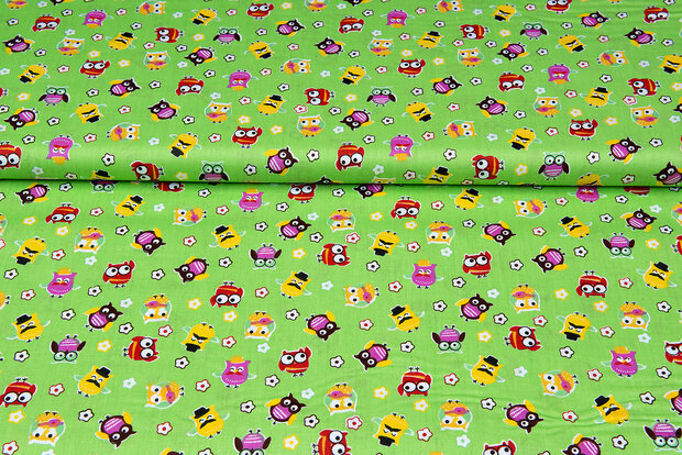 Baumwoll Popeline Bedruckt little owls gr&uuml;n