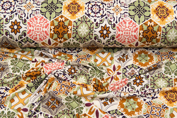 Viskose Jersey bedruckt boho tiles gr&uuml;n-rost
