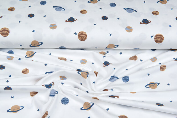 Baumwolljersey bedruckt mini astro world ecru - metalblau