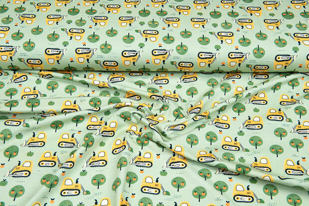 Baumwolljersey digital bedruckt bedrukt apple with bulldozer hellgr&uuml;n