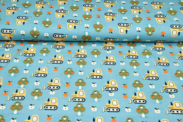 Baumwolljersey digital bedruckt bedrukt apple with bulldozer mint
