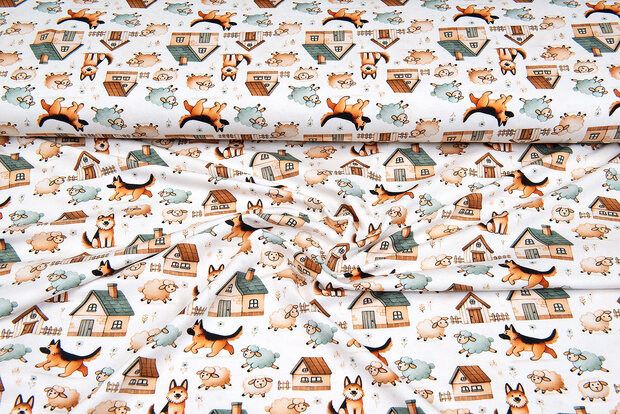 Baumwolljersey digital bedruckt bedrukt farm dogs with sheep