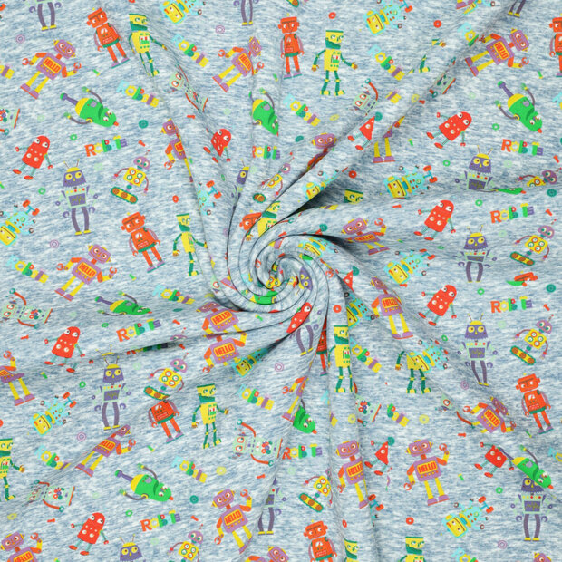 Alpenfleece bedruckt funny robots jeansblauw