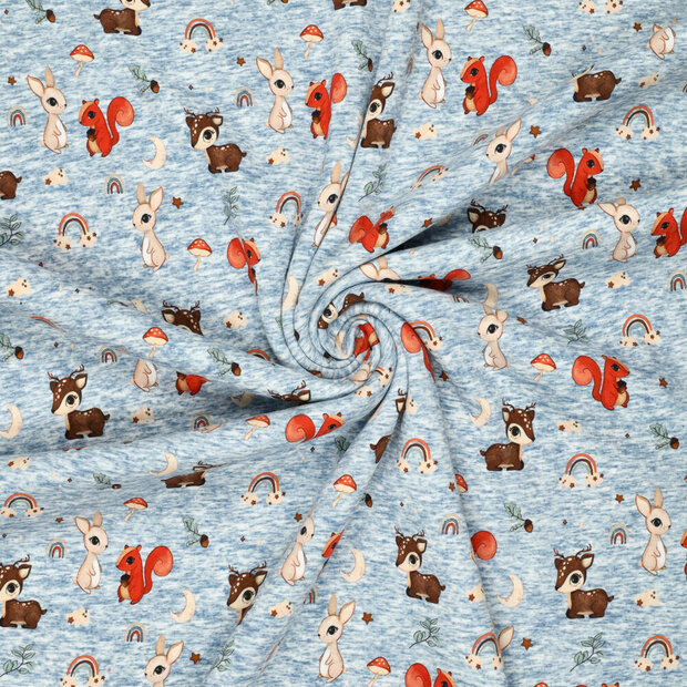 Alpenfleece bedruckt rainbow forrest jeansblau