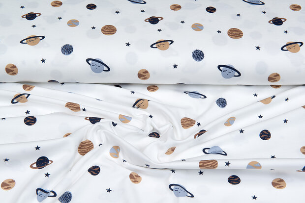 Baumwolljersey bedruckt mini astro world ecru - dunkelblau