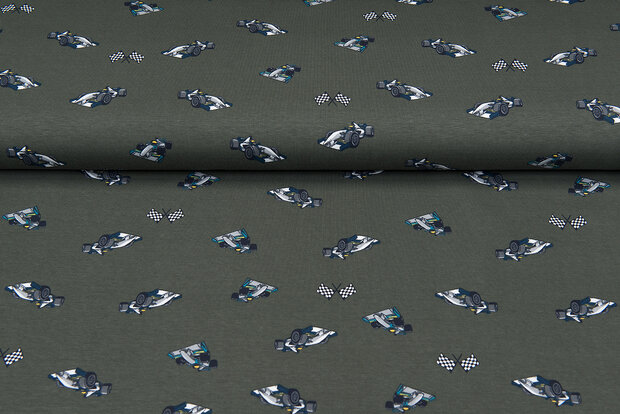 Baumwolljersey bedruckt race cars armeegr&uuml;n