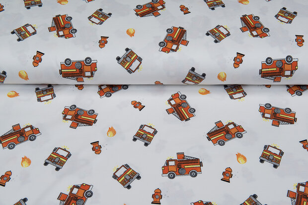 Baumwolljersey bedruckt firetrucks off-white