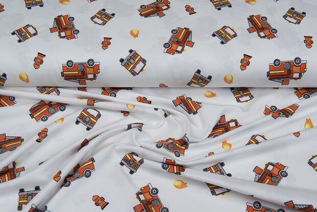 Baumwolljersey bedruckt firetrucks off-white