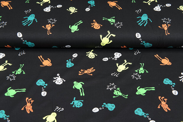 Baumwolljersey bedruckt neon monsters schwarz