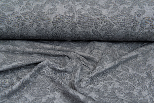 Strickstoff Jacquard retro leaves grau-hellgrau