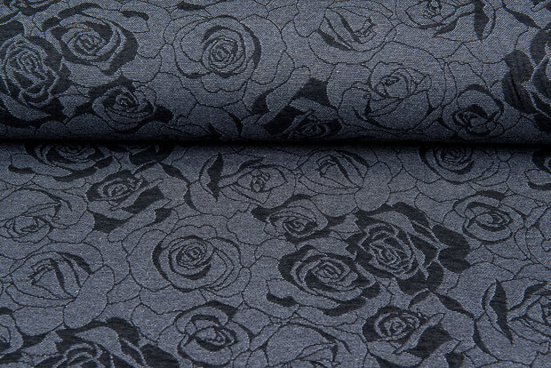 Strickstoff Jacquard roses grau-dunkelblau