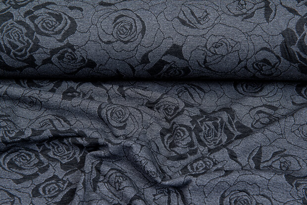 Strickstoff Jacquard roses grau-dunkelblau