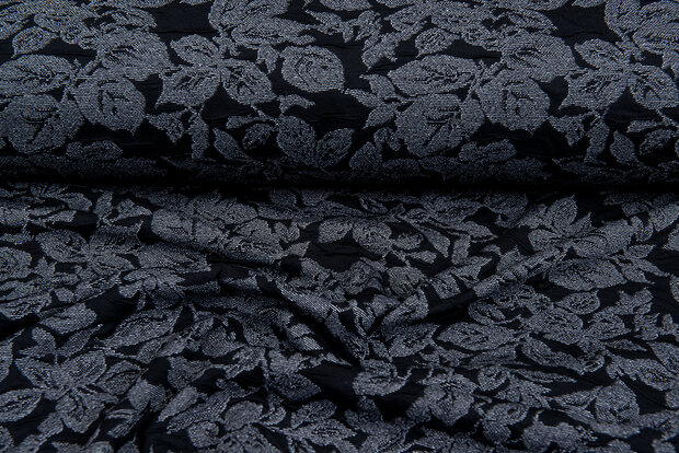 Strickstoff Jacquard leaves grau-dunkelblau