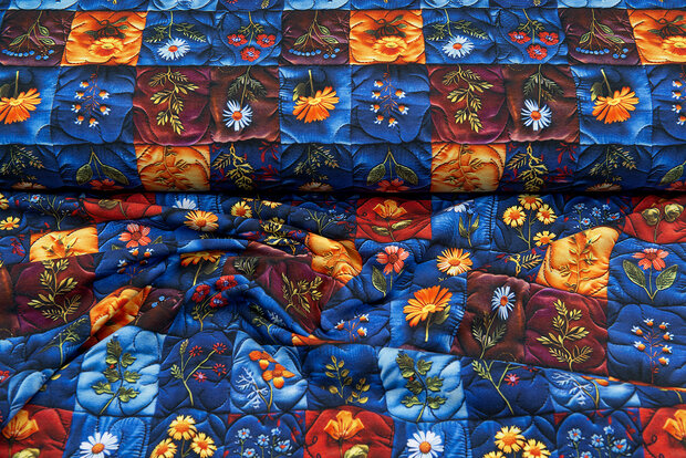 Baumwolljersey digital bedruckt embroidered flower blau-orange