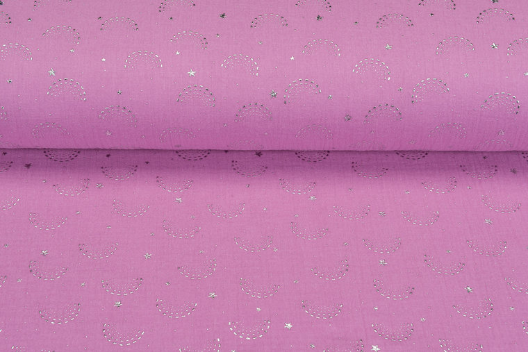 Baumwoll Musselin glitzer rainbow dropps silber mittelrosa