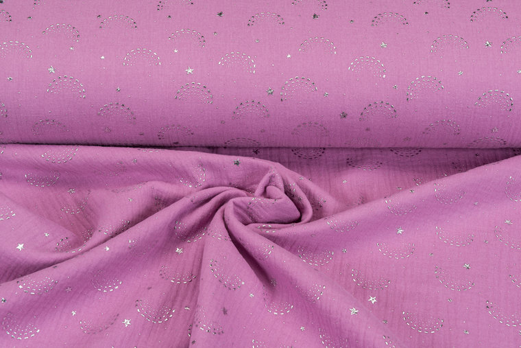 Baumwoll Musselin glitzer rainbow dropps silber mittelrosa