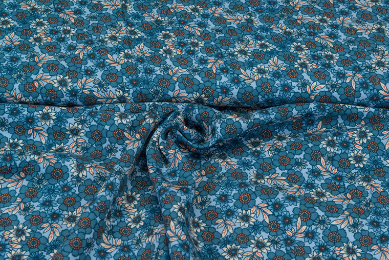 Viscose bedruckt retro flower blau