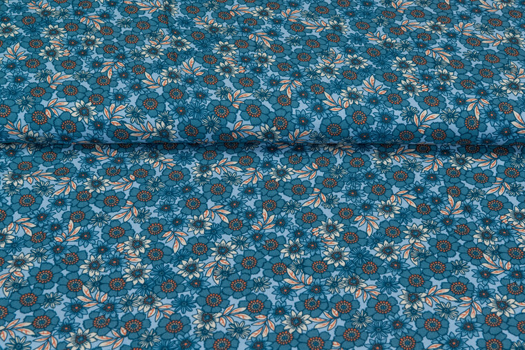 Viscose bedruckt retro flower blau