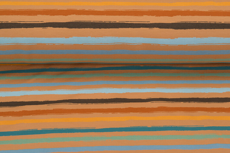 French Terry bedrukt multi stripes ockergelb