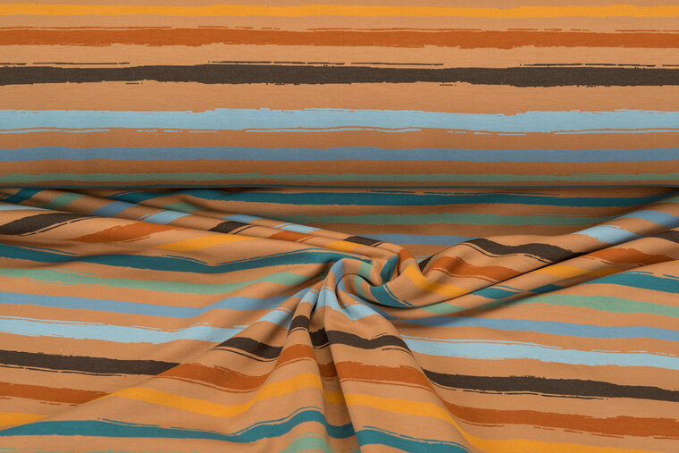 French Terry bedrukt multi stripes ockergelb