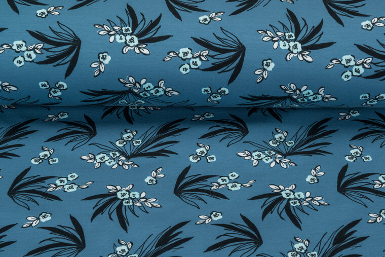 French Terry bedrukt flower metalblau