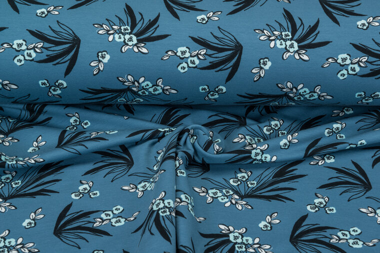 French Terry bedrukt flower metalblau