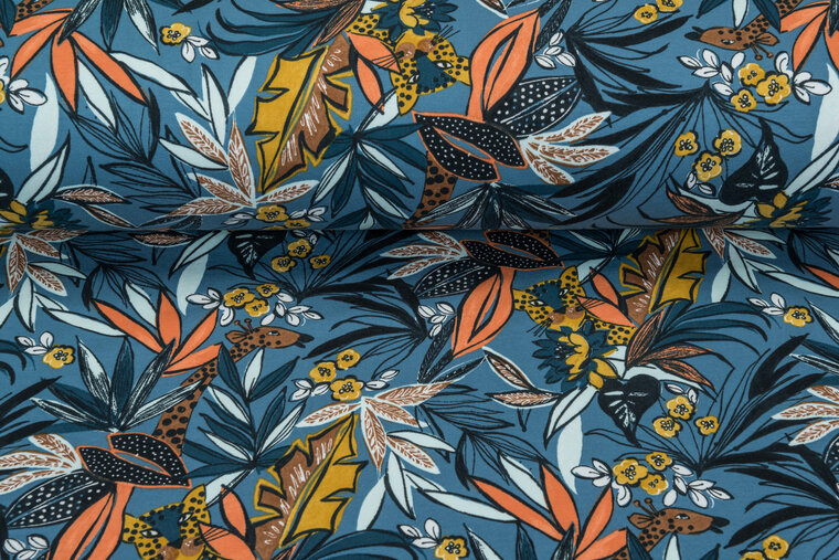 French Terry bedrukt jungle metalblau