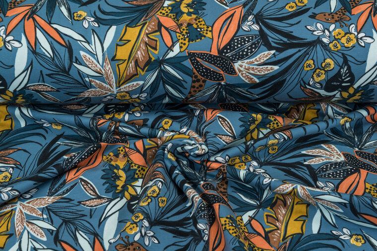 French Terry bedrukt jungle metalblau